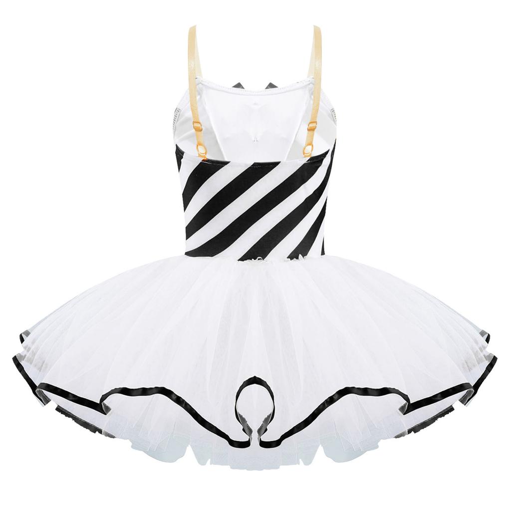 Girls Christmas Dance Dress Sleeveless Adjustable Straps Bowknot Adorned Stripes Print Mesh Tutu Dress