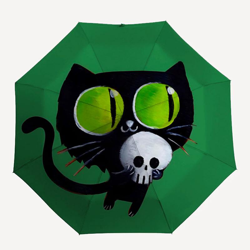 

1PC Halloween Cat Spooky Kitten Automatic Windproof Umbrella 8 Rib Portable Folding Black Iron Frame for Outdoor, Beach, Travel, Beach Umbrella,S47