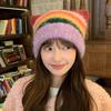 Colored Striped Bucket Hat Rainbow Women Beanie Hat Cute Cat Ears Pullover Hat  Autumn Winter
