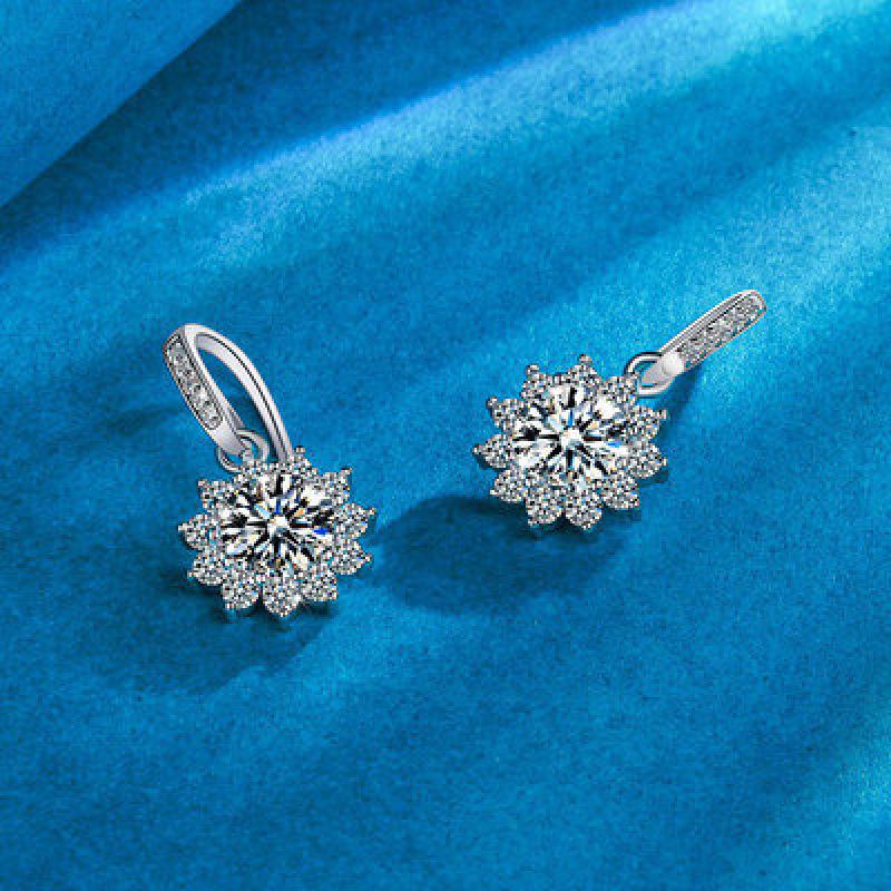 White Gold and Copper-Plated Sunflower Moissanite Earrings with Diamond Ear Hooks, One Carat