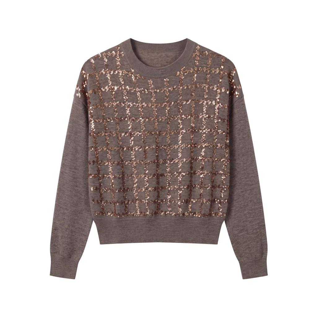 2026 Autumn Wool Sweater: Sequin Knit, Long Sleeve, Round Neck, Loose Fit, Slimming Grid Pattern