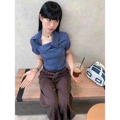 Y2k Estética Vintage Xadrez Harajuku Camisas Verão Único Breasted Mulheres Blusas Casuais Japonesas Slim Streetwear Blusas De Mujer