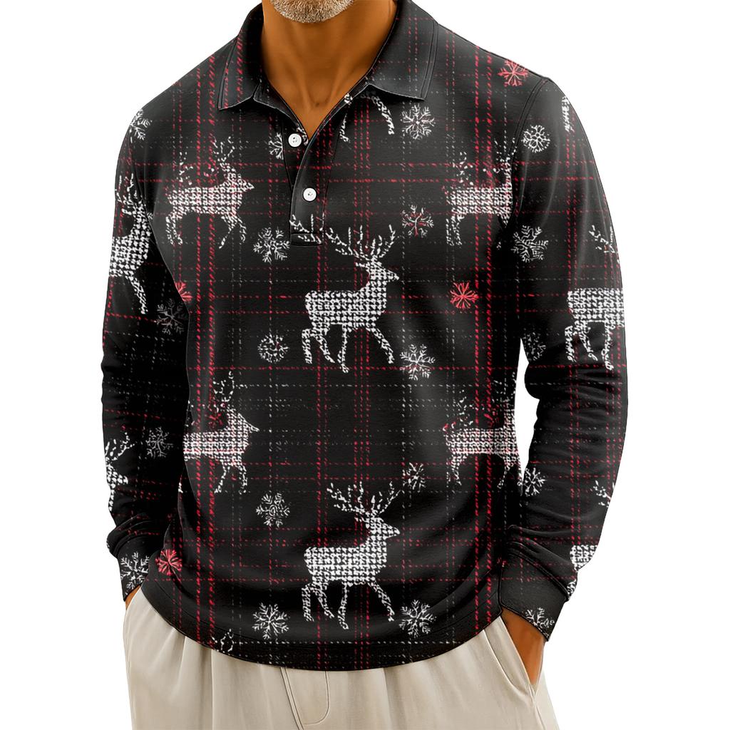 Men's Casual Christmas Print Button Long Sleeve Shirt