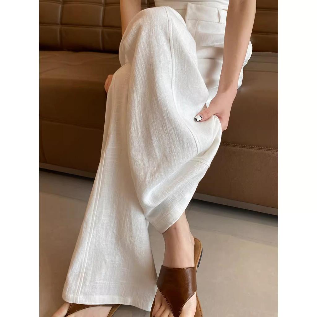 Women's High-Waisted Wide-Leg Linen Pants - White Summer Drape Style