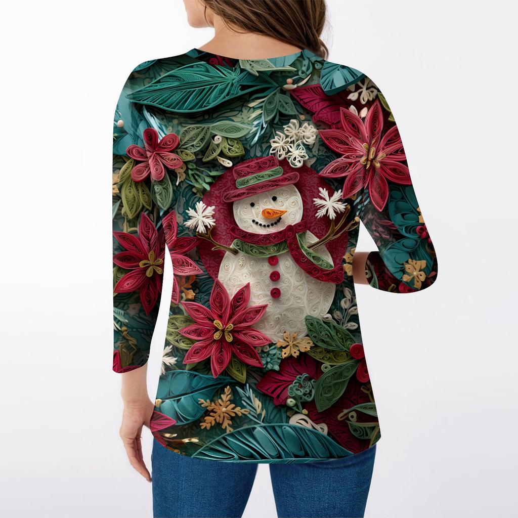 Women's Tops Three-quarter Sleeve Shirt V-neck Loose Casual Shirt Print T-shirt