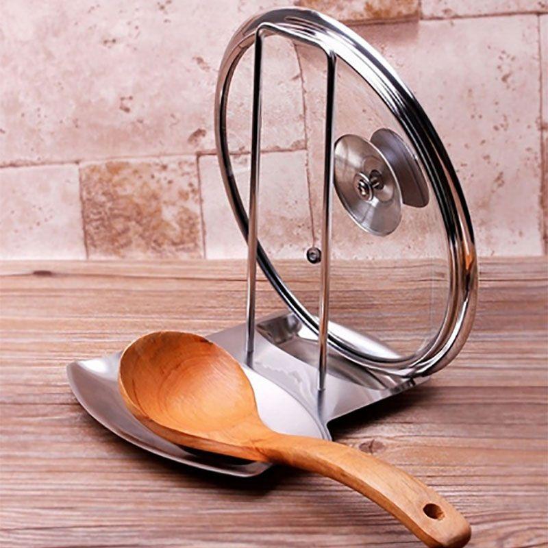 Premium Stainless Steel Pan Pot Cover Lid Rack Stand With Soup Spoon Storage For Organized Kitchens