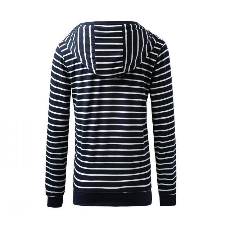 Long Sleeve Women Striped Hooded Sweatshirt with Zipper Pocket and Drawstring