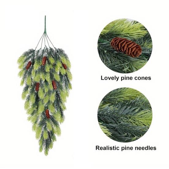 2Pcs Christmas Teardrop Swag Wreath Fake Norfolk Pine Stairway Swag with Pinecone Winter Xmas Hanging Greenery Garland Decoration
