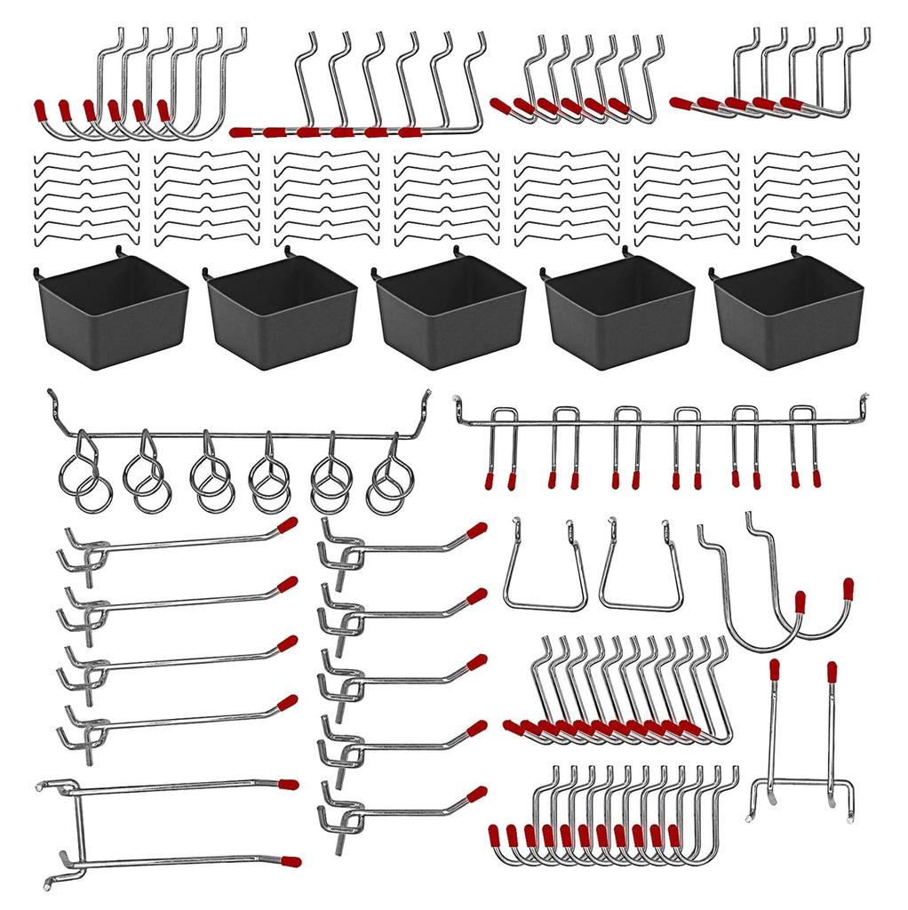 Multipurpose 114pcs Pegboard Hook Set with Sturdy Metal Bins for Organizing Tool Craft Supplies and Power Equipment