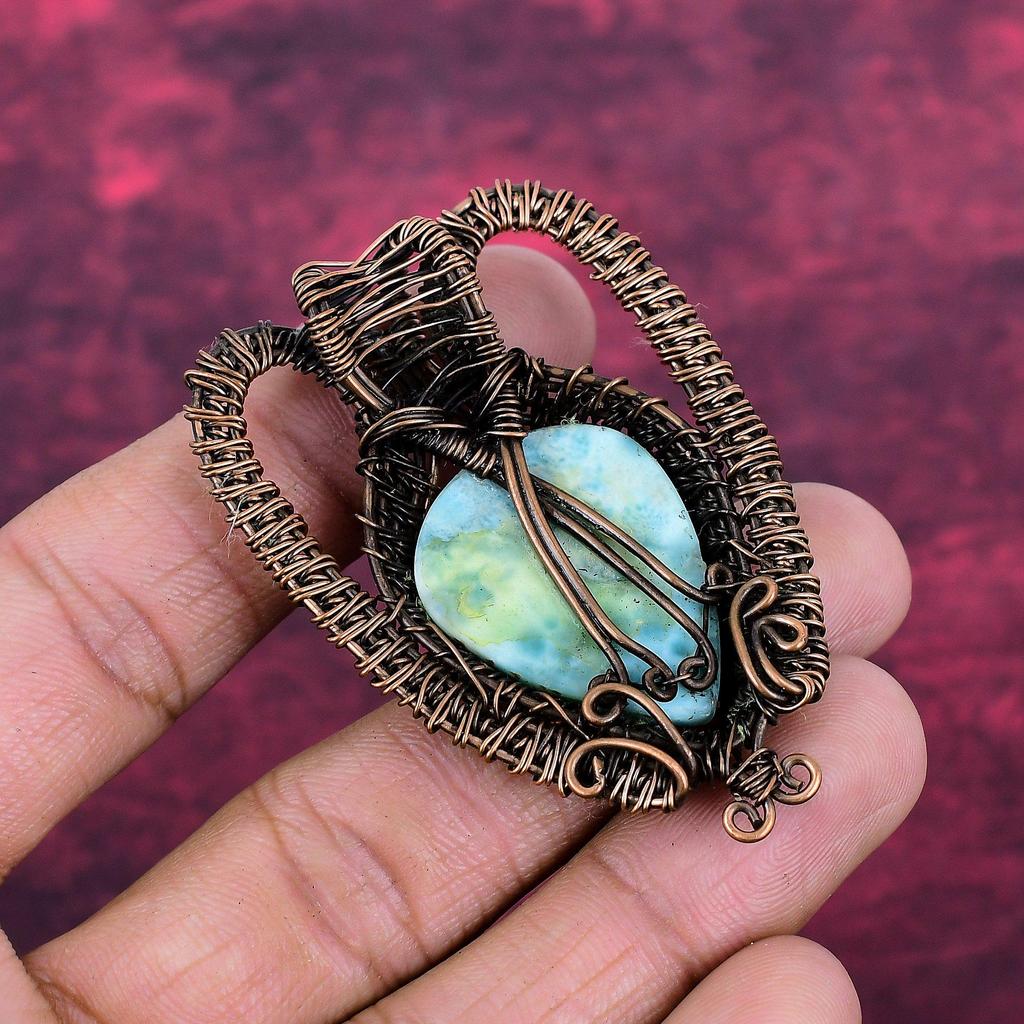 Pingente de Pedra Larimar Feito à Mão Marca Nova Pingente Joia Enrolada com Fio de Cobre