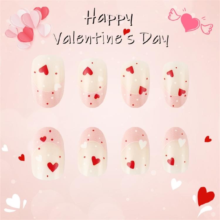 24 Stück Valentinstag Press-On-Nägel Herz Künstlicher Nagel Französische Spitze Falscher Nagel Kurz Oval Aufkleb-Nagel für Party