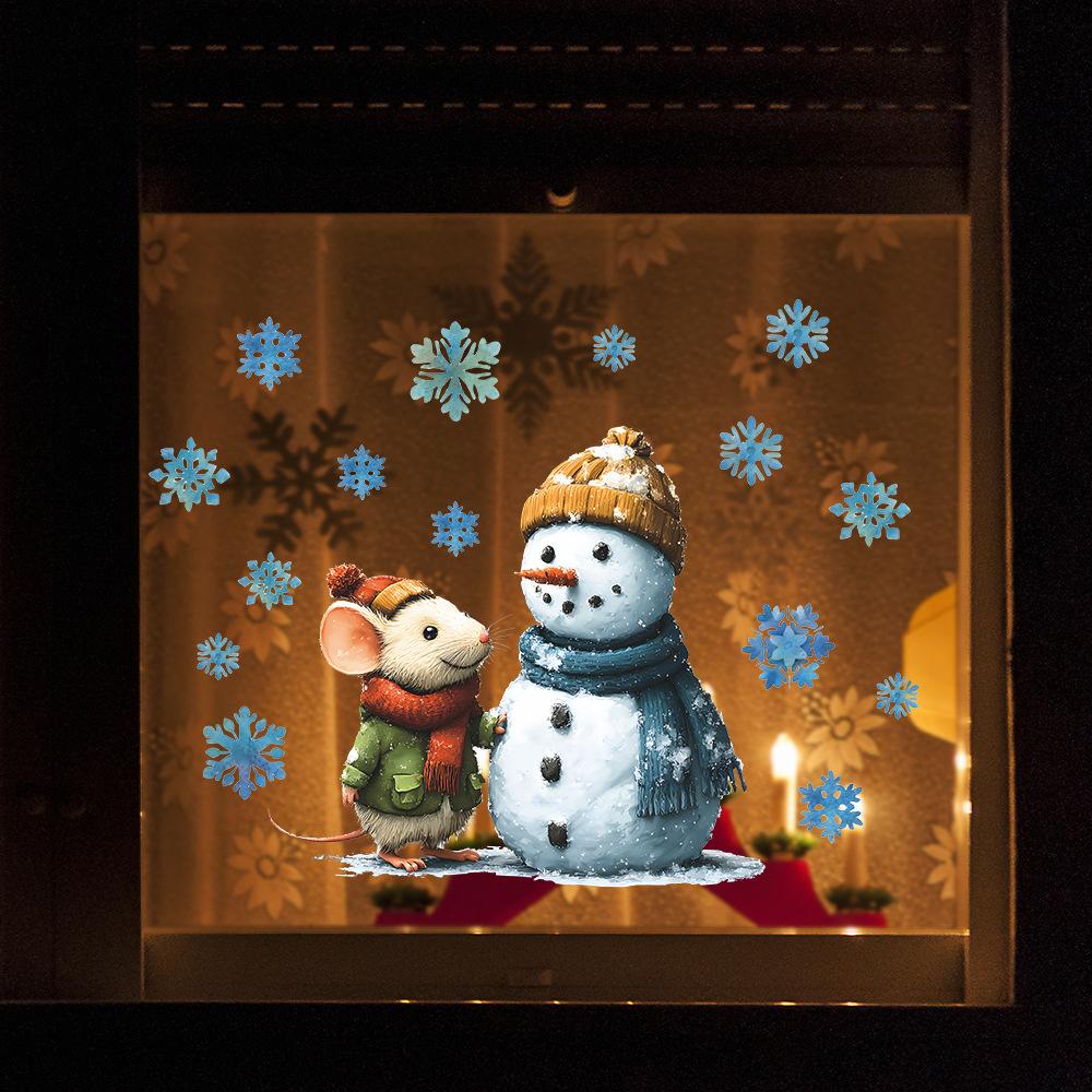 Cartoon Christmas Atmosphere Little Mouse Snowman and Snowflake Glass Door and Window Decorative Stickers