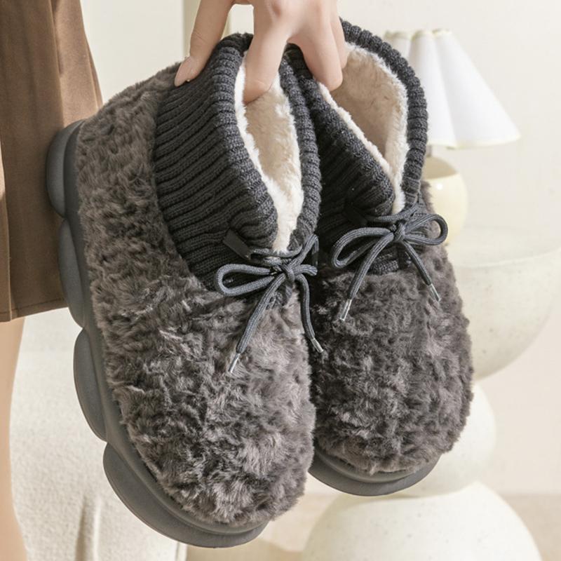Winter Lacing Plush Warm Cotton Shoes Women's Solid Color Thick Bottom Fluffy Couple Boots Casual Big Size Ladies Shoes
