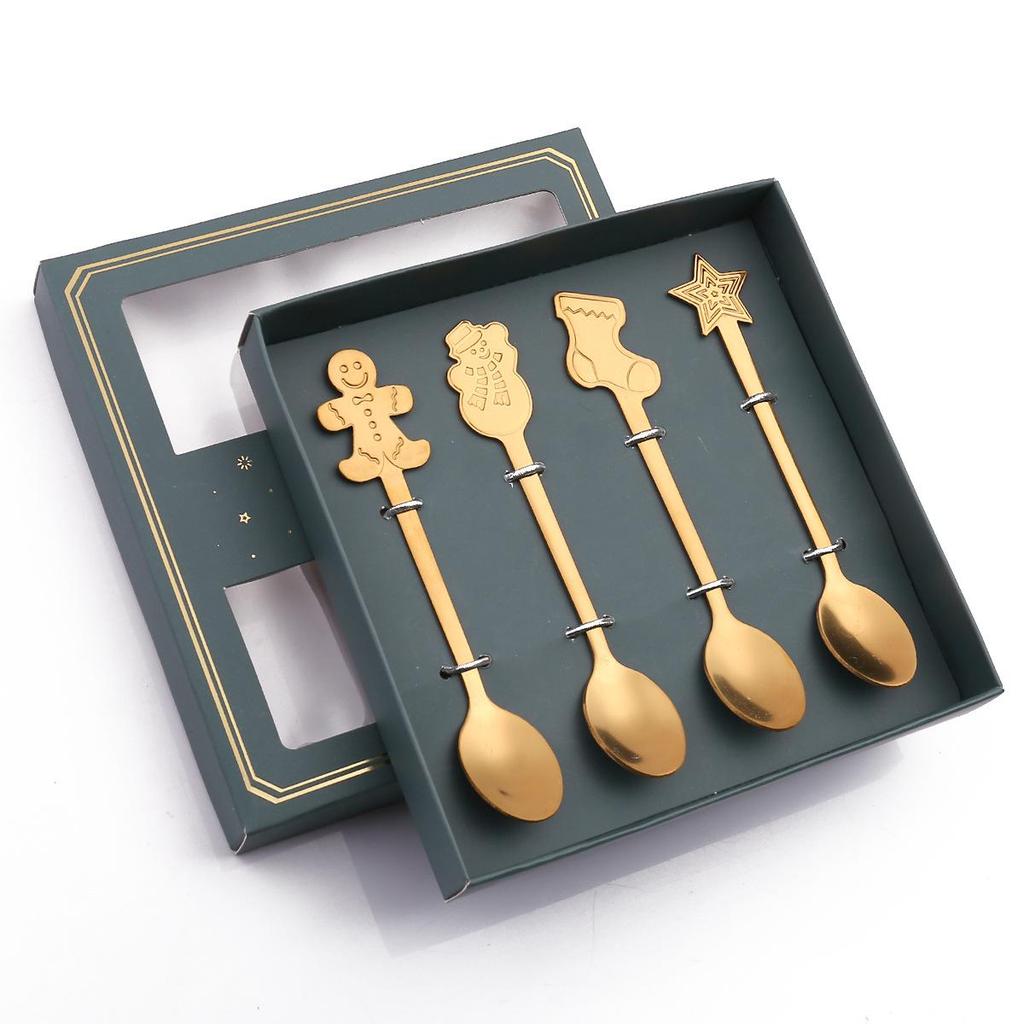 4pcs Christmas Teaspoons Coffee Spoons With Gift Box Stirring Spoons Stainless Steel Tableware Snowman Stocking Star Dessert Spoon