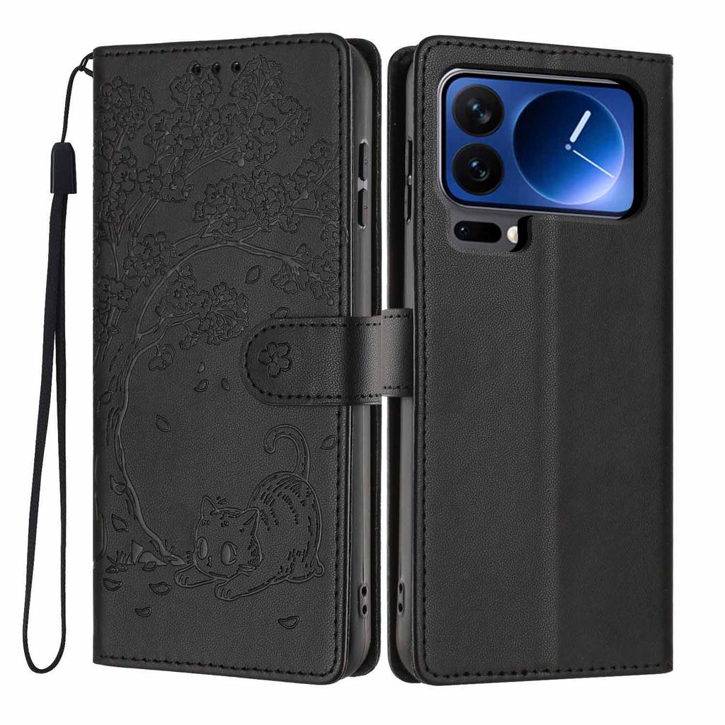 For Xiaomi 17 Pro Max Stand Case Tree-and-Cat Pattern PU Leather Wallet Protective Phone Cover with Wrist Strap