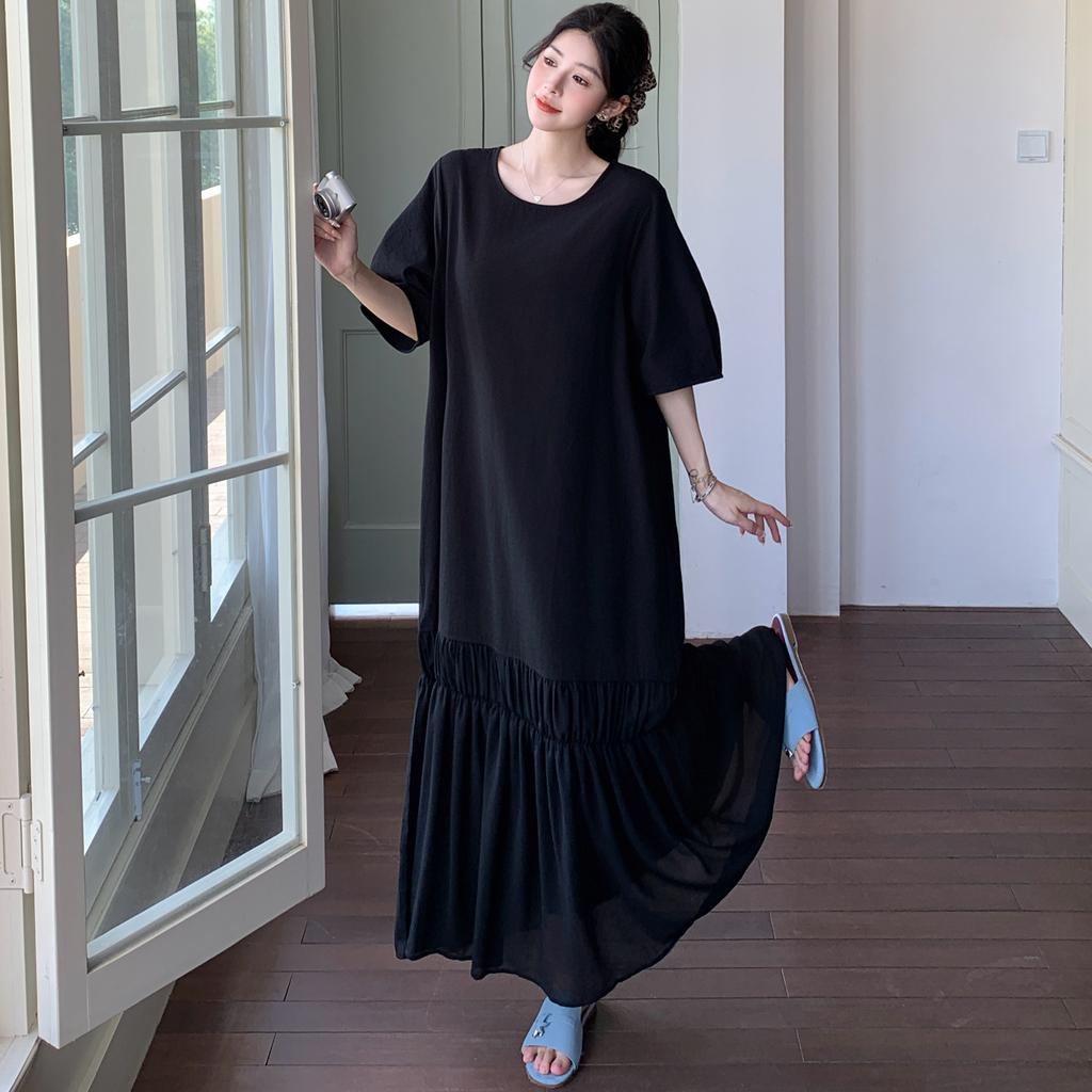 DIMANAF Kobiety 2025 Sukienka Plus Size Lato Sukienka Vintage Podstawowa Długa Codzienna Luźna Jednolita Czarna Sukienka Maxi