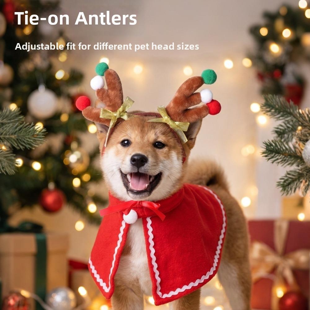 2PCS/Set Warm Dog Antlers Headband Soft Fabric Pet Christmas Cloak Set Pet Holiday Outfit Christmas