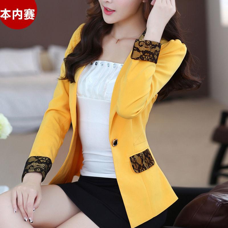 

Приталенные однотонные блейзеры с пуговицами, накладными карманами, пэчворком из кружева, для офисных леди, тонкие, с лацканами, темпераментные, весенне-осенние, женская одежда 2XL жёлтый