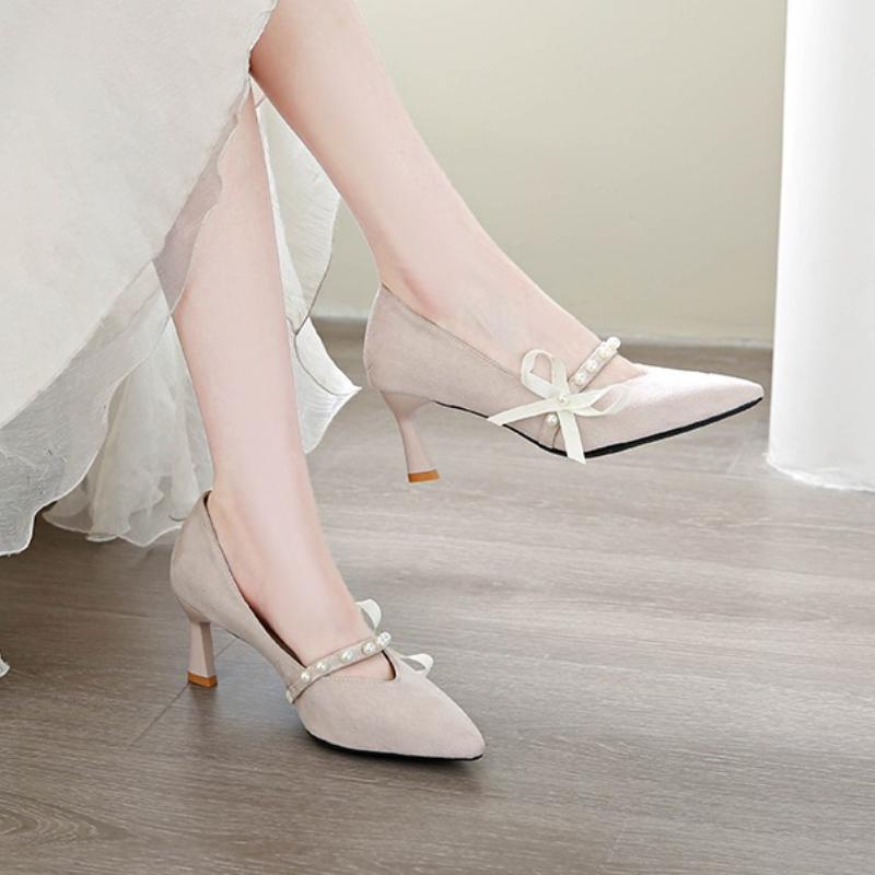 Fashion Bow Pearl Women High Heels Shoes Sexy Pointed Toe Heeled Sandals 2025 Fashion New Luxury Dress Party Summer Woman Pumps Zapatos