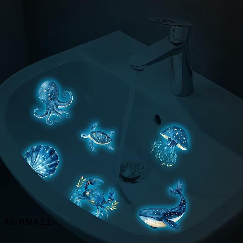 Marine Life Luminescent Glass Stickers Glow-in-the-Dark Toilet Sticker Self-Adhesive Removable Wall Sticker Car Sticker