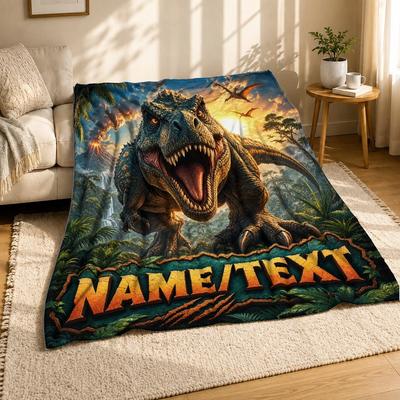 Roaring T Rex Name Coral Fleece Blanket Personalized Dino Decor