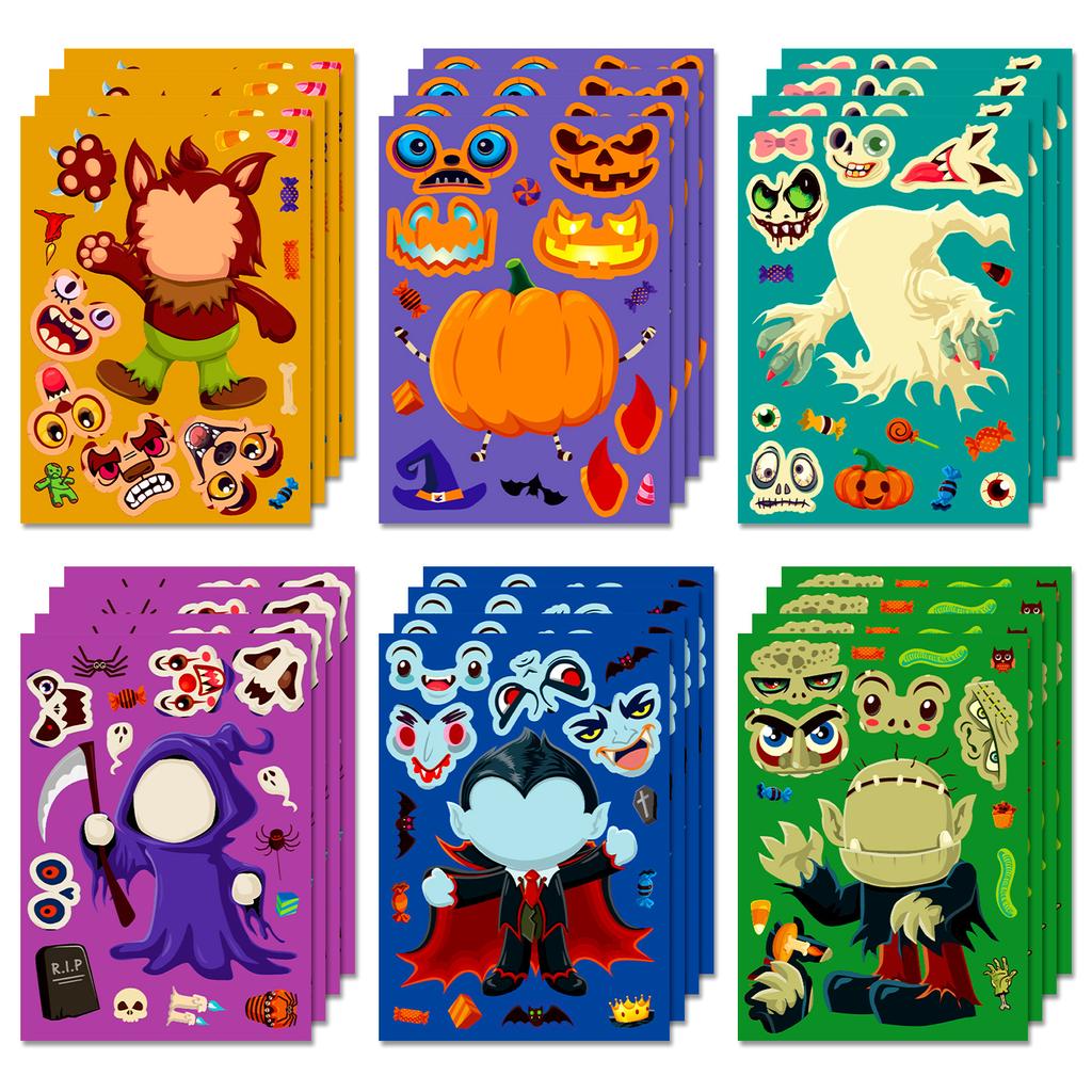 6 Sheets/Pack Halloween Face Change Stickers Holiday Characters Puzzle Stickers Children Fun Halloween Stickers