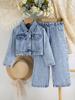 Girls' 2-Piece Casual Outfit: Cute & Comfortable Snowflake-Wash Denim Shirt-Jacket with Large Bow Collar and Loose Straight-Leg Jeans