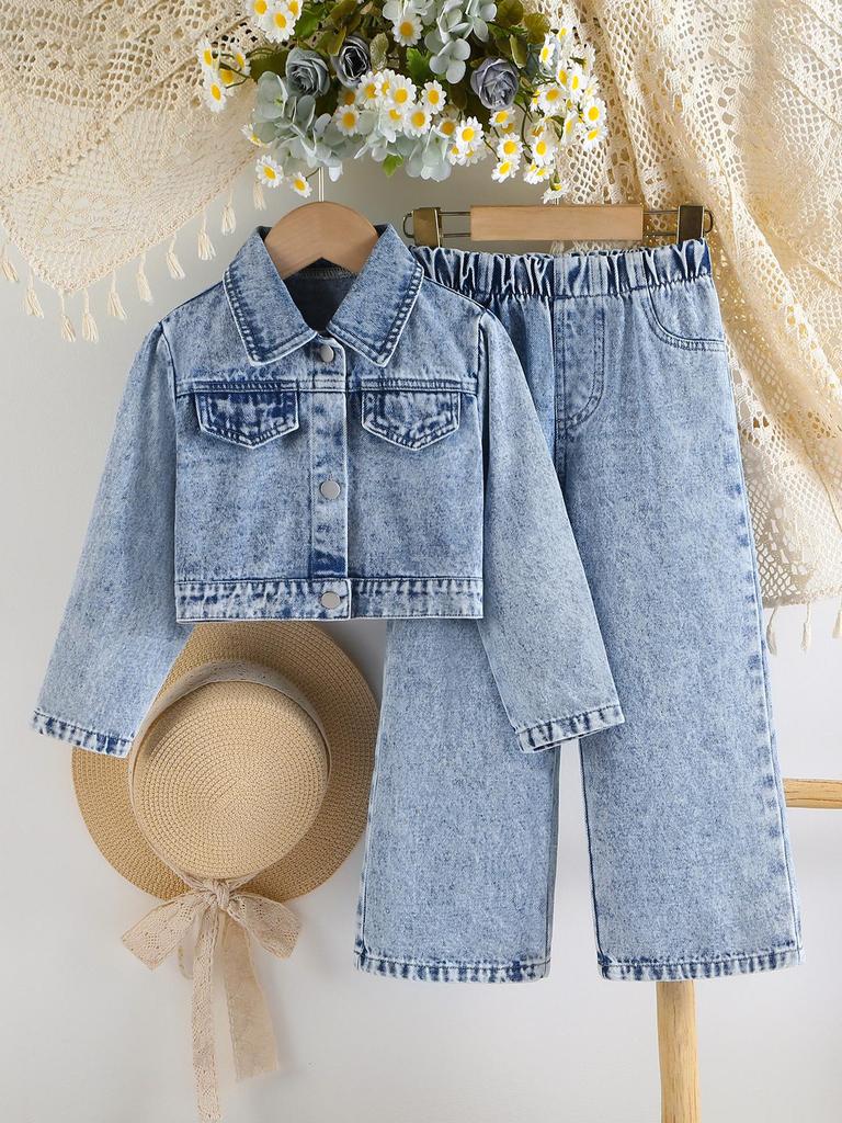 Girls' 2-Piece Casual Outfit: Cute & Comfortable Snowflake-Wash Denim Shirt-Jacket with Large Bow Collar and Loose Straight-Leg Jeans