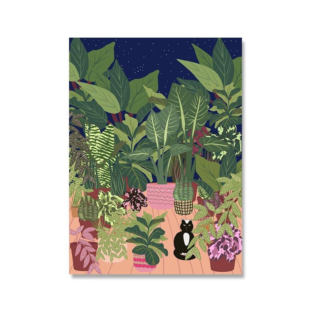 Poster Cartone Gatto Nero e Piante Arte da Parete Nordica Pittura su Tela Stampe per Bagno Esterno Immagini Divertenti per Bagno Decorazione Casa Senza Cornice