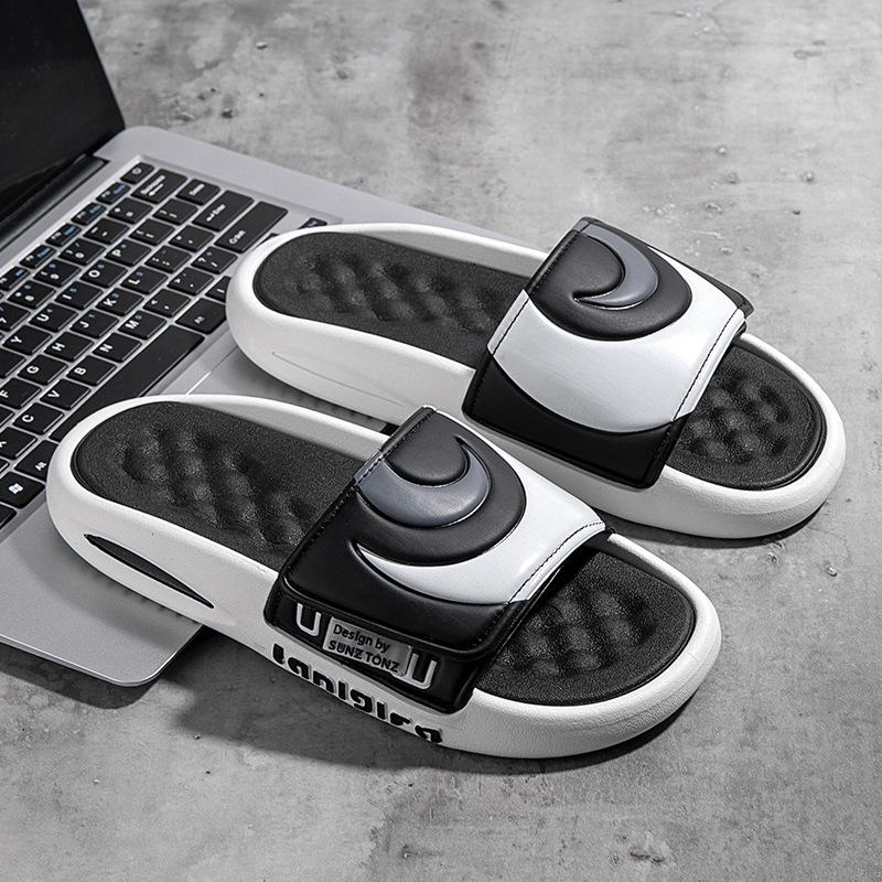 

Регулируемые на липучке новые тапочки мужские летние верхние тапочки с толстой подошвой нескользящие износостойкие студенческие модные пляжные классные тапочки 44/45 чёрный