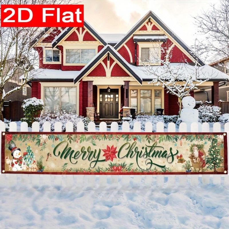 Merry Christmas Fence Banner, Santa Claus Snowman Reindeer Theme, Polyester Outdoor Lawn Wall Party Decoration