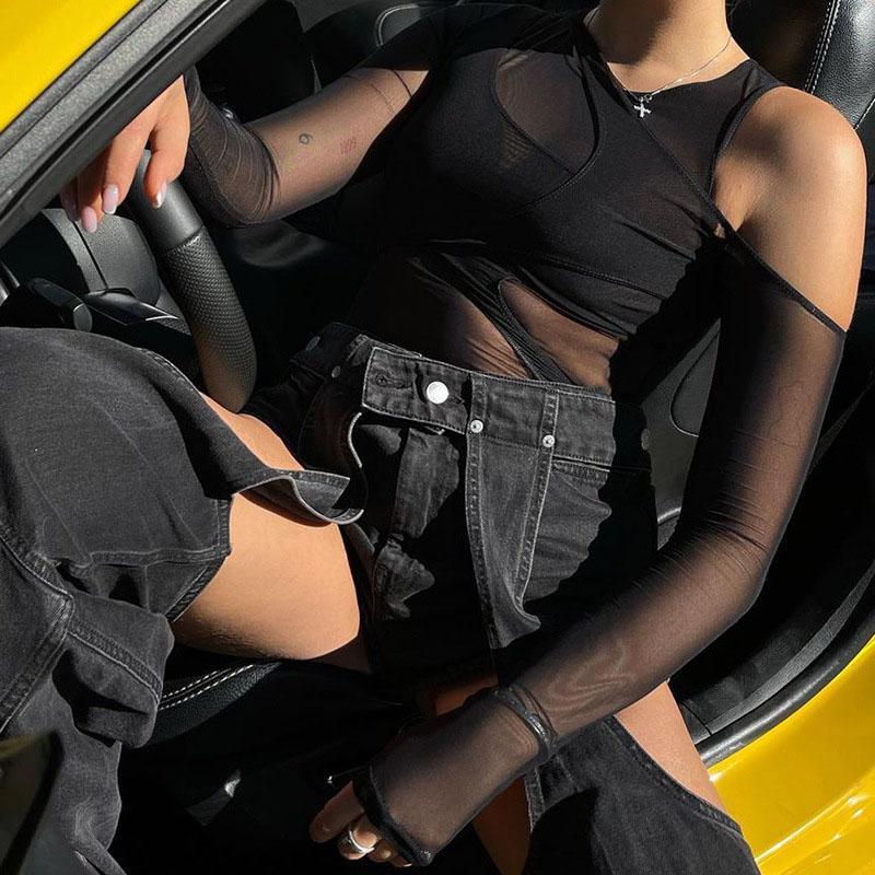 High Street Sexy Transparent Slim Bodysuits Women Skinny Fashion Patchwork Basic One Piece Elegant Bodysuits Solid Party Clothes