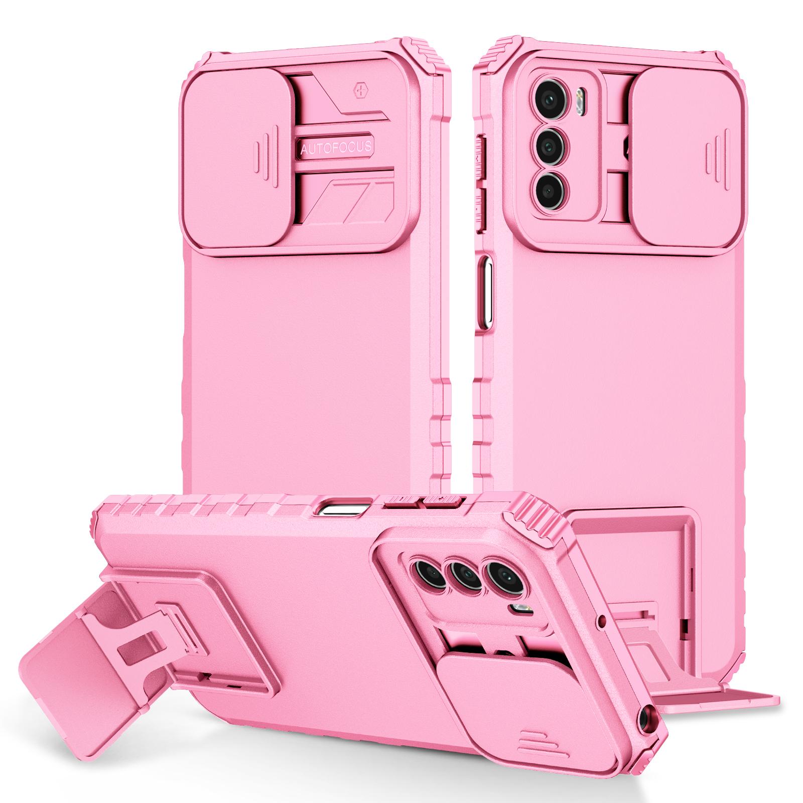 

For Motorola Moto G42 4G Slide Lens Protection Phone Cover PC+TPU Kickstand Case Pink