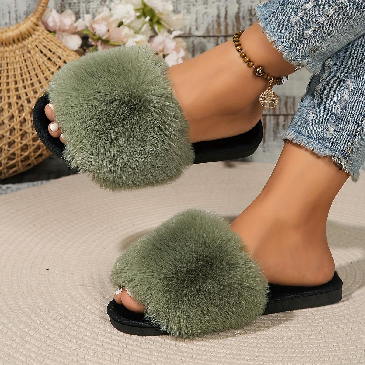 

Женские пушистые тапочки из искусственного меха, однотонные всесезонные домашние тапочки с резиновой подошвой, удобные тапочки для дома и улицы в стиле медовой девушки 40-41 армия зеленый