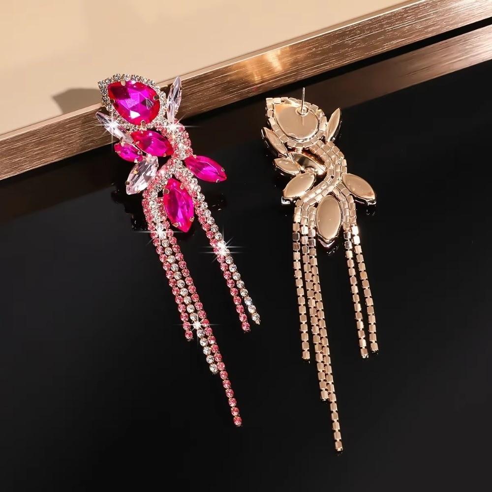 Rose Pink Crystal Earrings Black Water Drop Earrings Jewelry Long Tassel Earring  Weddings