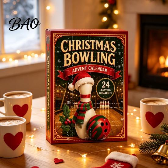 Indoor Festive Wall Hanging Decor Christmas Advent Calendar with 24 Acrylic Pendants, 2D Flat Bowling Theme Unique Gifts for Bowlers Ornaments Holiday