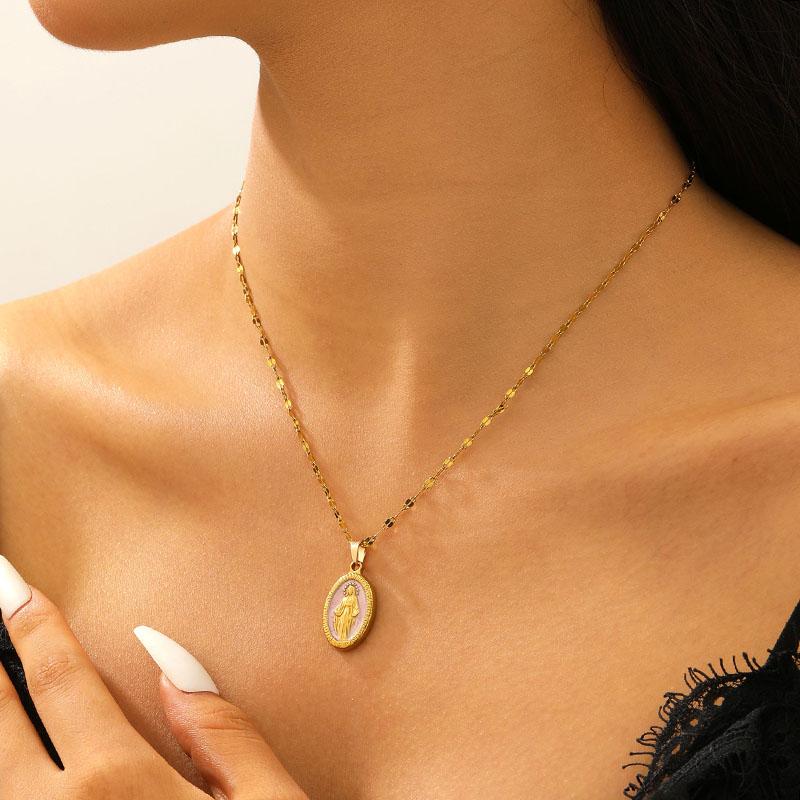 Christian Catholic Accessory Trendy Our Lady Virgin Mary Necklaces Stainless Steel Oval Pendant Neck Chains for Women
