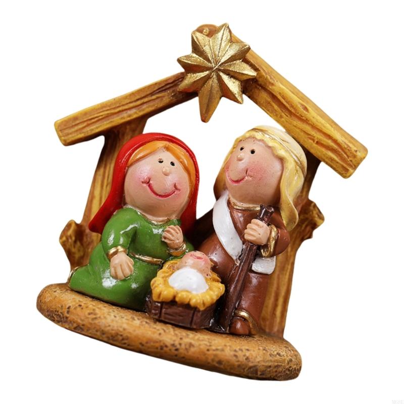 Christmas Nativity Scene Resins Miniature Figurines Cartoon Manger Scene Statues Tabletop Holiday Decoration Ornament M68E