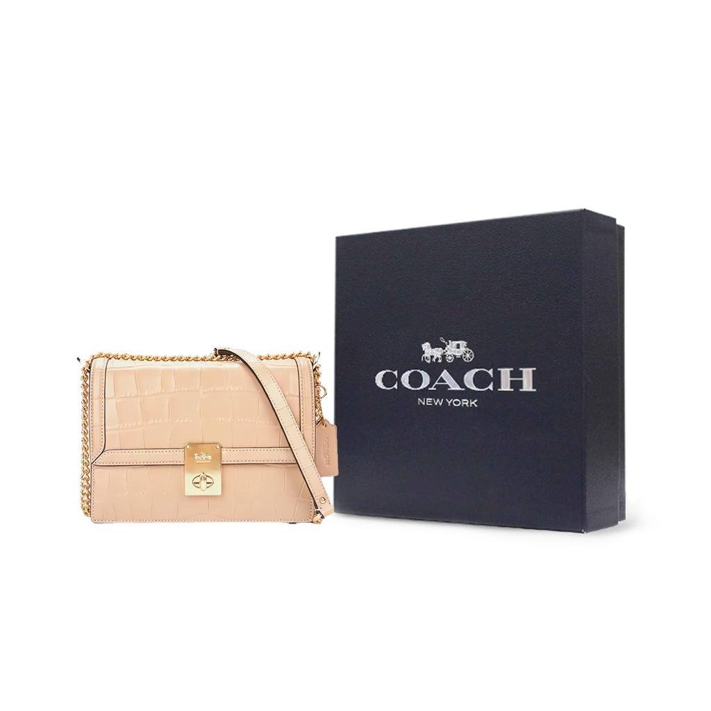 Coach Hutton 22 Gold Logo Turnlock Crocodile Pattern Flap Chain Leather Shoulder Bag Small Women shoulder bag Gray-Brown CN060-IMTAU