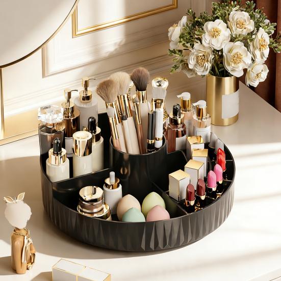 מארגן איפור מסתובב 360 מעלות קופסת אחסון קוסמטיקה עם מחזיק למברשות איפור מארגן עגול לשולחן איפור לטיפוח עור, בשמים, קרמים