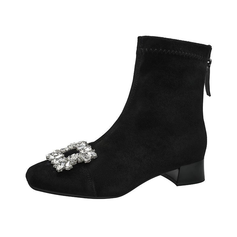 Wildleder-Stiefel mit quadratischer Spitze, kurze Stiefel, neu 2025, kaffeefarben, mittelhoher Schaft, Damenstiefel, Strass-Viereckschnalle, niedriger Absatz, Frühling und Herbst sin