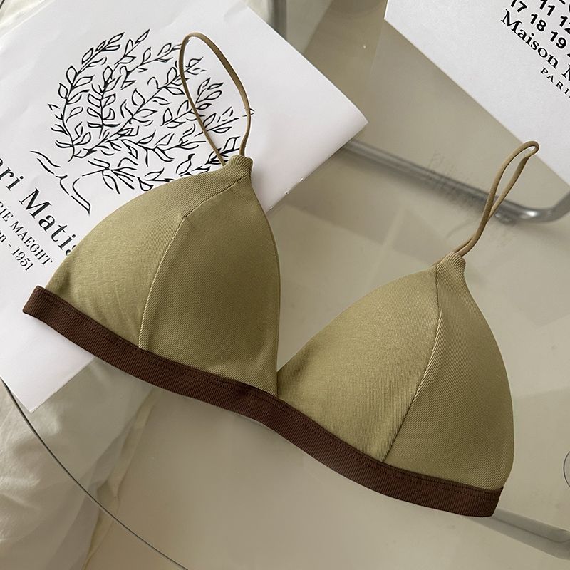 Summer deep V French triangle cup contrasting color beautiful back underwear women's small chest seamless thin without steel ring sexy bra cover