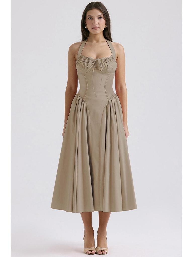 2025 European & American Style Summer Slim Spaghetti Strap Printed Halter Lace Dress