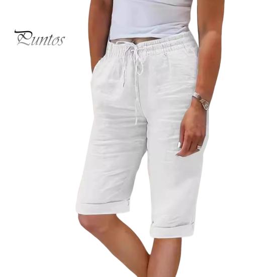 

Женские летние шорты с эластичным поясом, повседневные брюки с регулируемым шнурком и карманами, однотонные свободные брюки длиной до колена 2XL белый