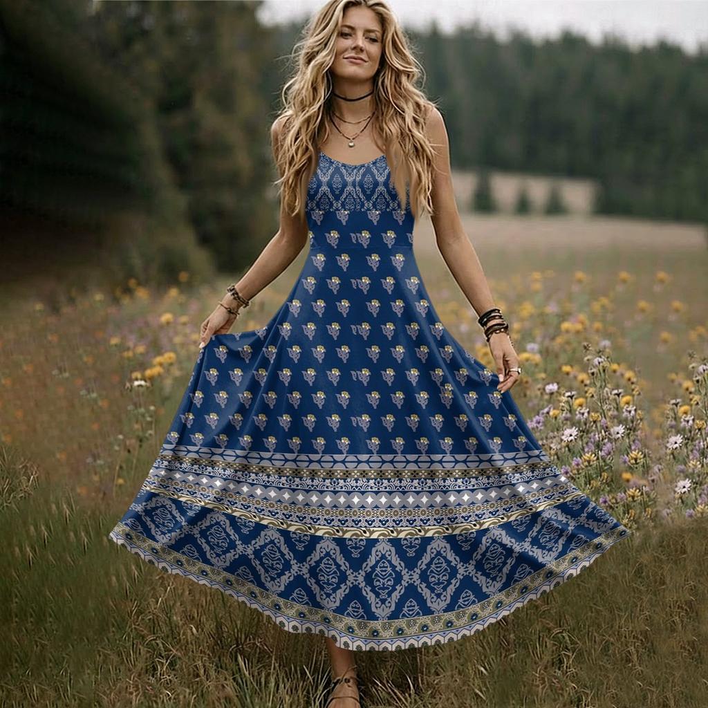 Women Sleeveless Maxi Dress Summer V Neck Long Casual Bohemian Style Spaghetti Strap Printed Sundress with Flared Hem