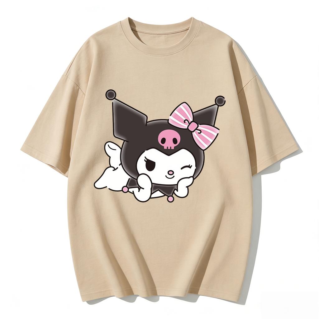 Summer Cute Winking Kuromi Print Tshirt Casual Short Sleeved Tees for Mom and Daughter Fashion Parentchild Clothing Set Tops