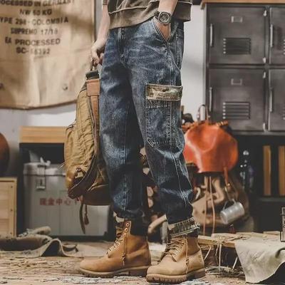 Men's Stone-Ground Hong Kong Style Retro Jeans - Heavyweight, Loose Straight Fit, Wide-Leg Casual Work Pants