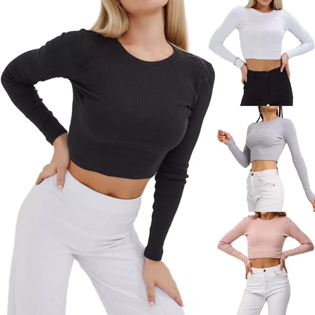 Women's Round Neck Long Sleeve Knit Ribbed Fitted Casual Basic Shirts