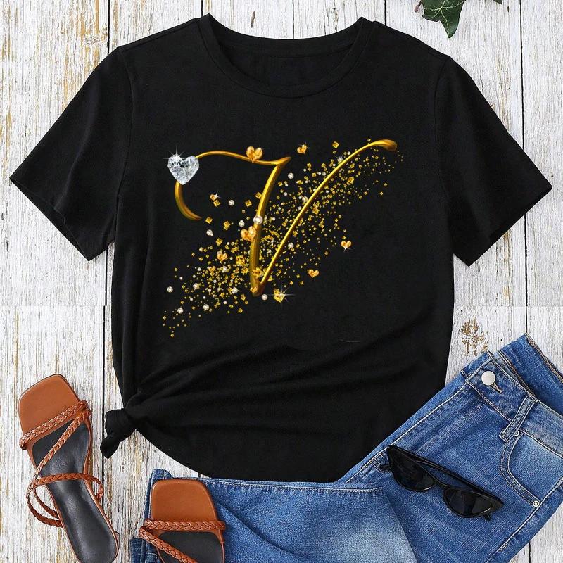 Custom Name Letter Combination Gold Letter Font Short Sleeve Tops Black T-shirt Female Tops