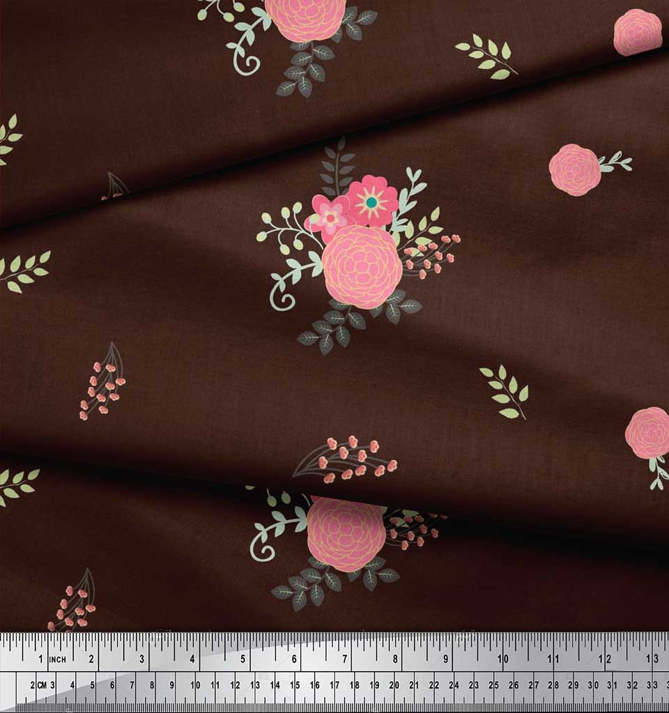 Soimoi Japan Crepe Satin Fabric Leaves,Aster & Camellia Flower Printed Craft Fabric by the Metre 42 Inch